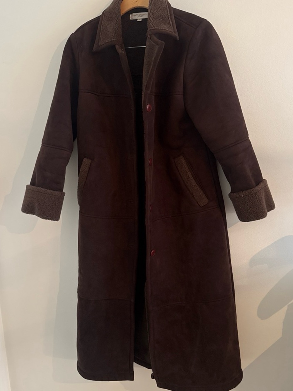 Women’s Long Brown Faux-Suede Shearling Coat - Picture 2 of 2